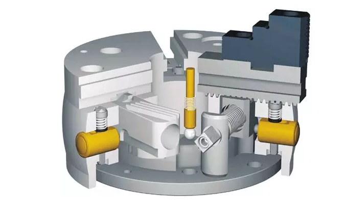 SCHUNK卡盤的基本結(jié)構(gòu)包括強(qiáng)化處理的卡盤基體，充分的油脂潤滑，磨損極為輕微。因此保持高精度下更長的使用壽命。獨(dú)具特色的外輪廓設(shè)計(jì)，使盡量少的冷卻液殘留在機(jī)床主軸或主軸軸承處。極端穩(wěn)固的盤體防止了因更高的夾持力及徑向負(fù)荷導(dǎo)致的精度失穩(wěn)狀況。大通孔，利于大尺寸棒料的通過及自動(dòng)上下料 。基爪——通用性好，與F型及Duro型匹配。  　　卡爪快換系統(tǒng)：使用獨(dú)立鎖緊的卡爪，保持高精度的同時(shí)，極大縮短輔助時(shí)間(調(diào)整、更換)。